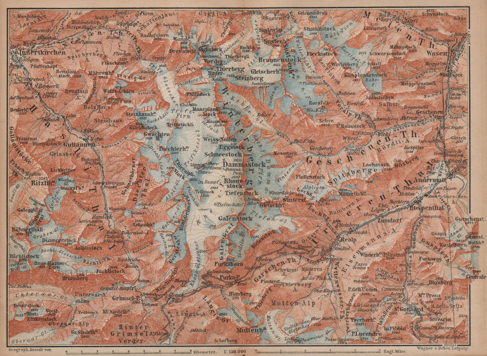 URNER/URI ALPS. Trift district. Andermatt Innertkirchen Dammastock 1893 map